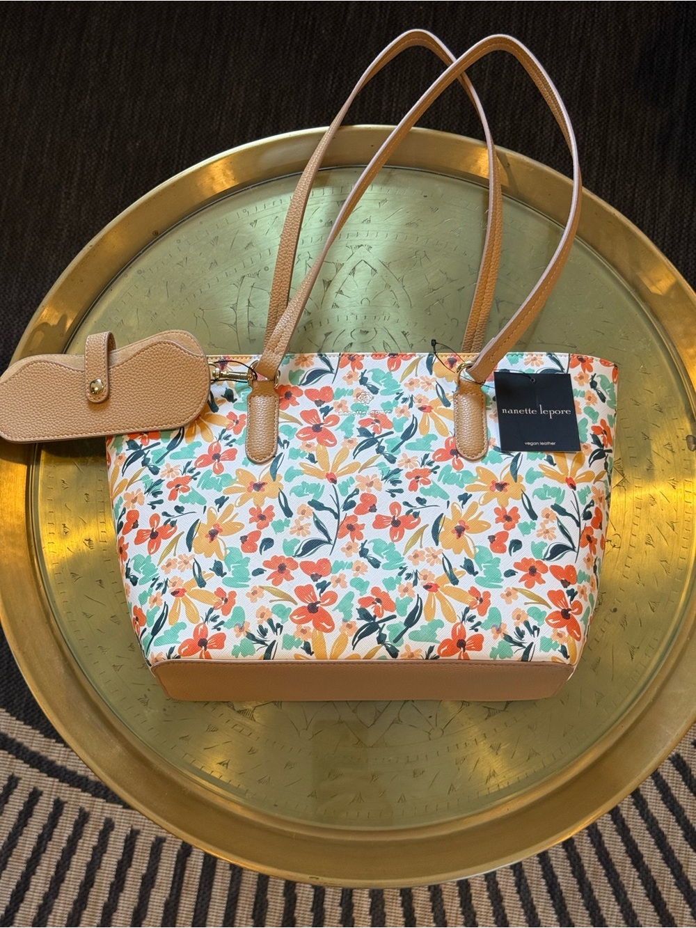 Nanette Lepore Multicolor Floral Canvas Tote with Tan Trim